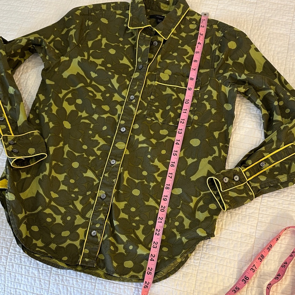 J. Crew XXS Button Down Collar Long Sleeve Shirt Green Floral Yellow Piping - Picture 7 of 9